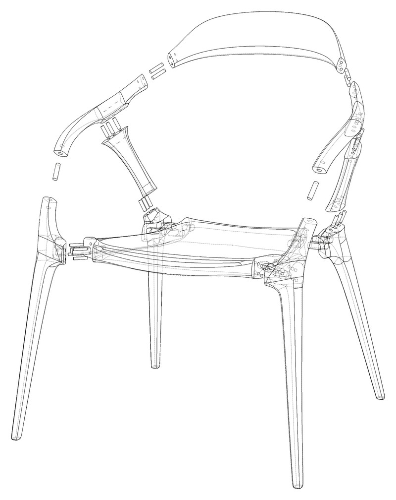 Exploded CAD assembly of the chair: legs, seat, arms and backrest pulled apart with their dowels